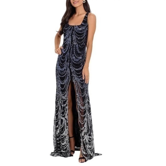 Betsy & Adam Sequined Square Neck Sleeveless Split Hem Gown in Navy/Silver - Picture 1 of 7